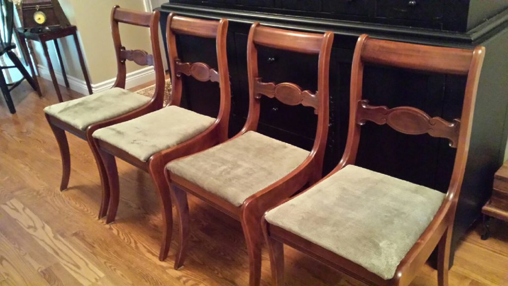 This is our latest project... velveteen nit faux suede covers by Linda's sew artsy. Refinishing by Lloyd's Refinishing.